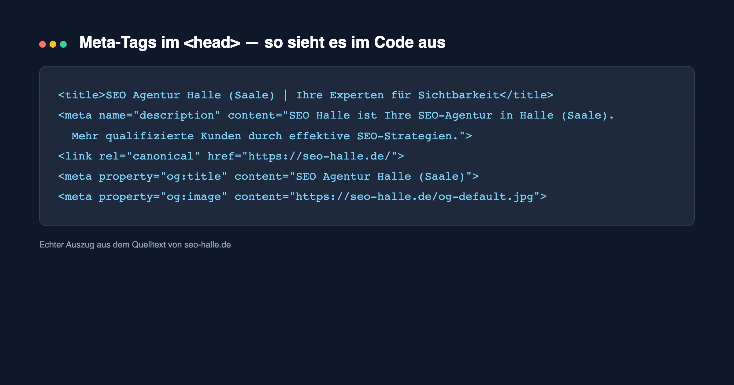 Echter Quelltext-Auszug von seo-halle.de: Title, Meta-Description, Canonical und Open-Graph-Tags im head